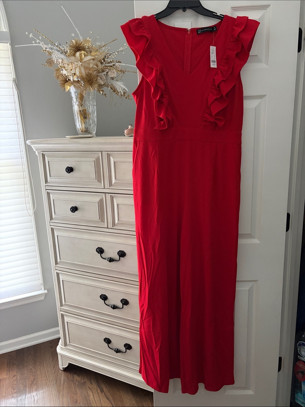 New York & Company Red Ruffled Jumpsuit